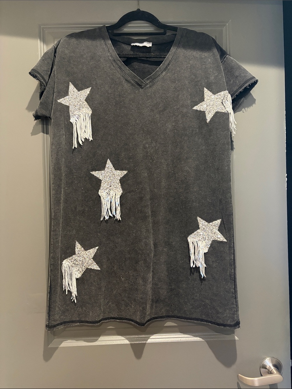 Frayed Star Appliqué V-Neck Mini Dress - Charcoal with White Stars
